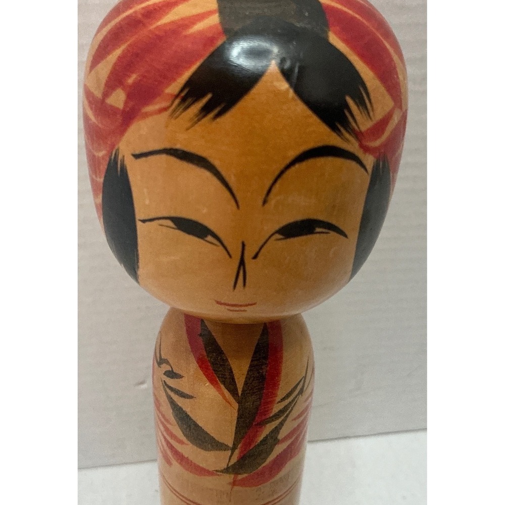 ntage Japanese Kokeshi Doll Hand Painted Floral Wood Signed 7in Folk Art